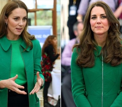 Kate Middleton manteau long de couleur aigue-marine Erdem prince William visite à Kew Gardens