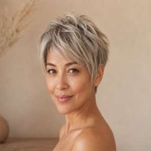 Coupe courte effilée pixie pour femme 40 ans et plus, cheveux blond-argent, portrait éditorial