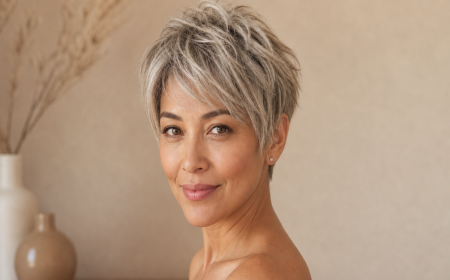 Coupe courte effilée pixie pour femme 40 ans et plus, cheveux blond-argent, portrait éditorial