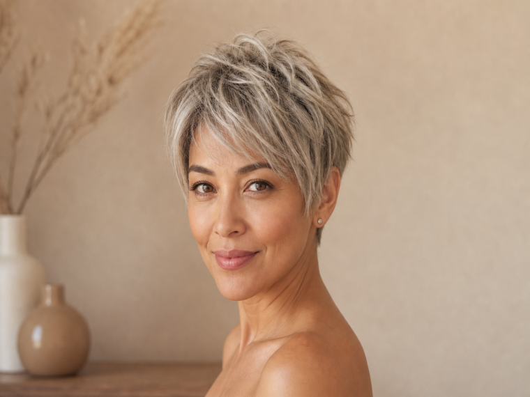 Coupe courte effilée pixie pour femme 40 ans et plus, cheveux blond-argent, portrait éditorial