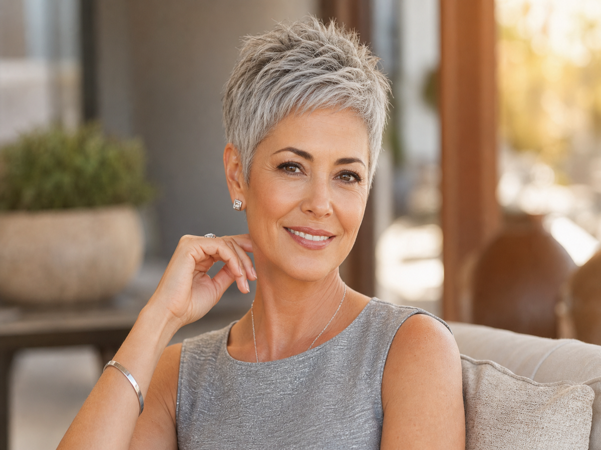 coupe courte boyish effilée cheveux naturellement gris Jamie Lee Curtis
