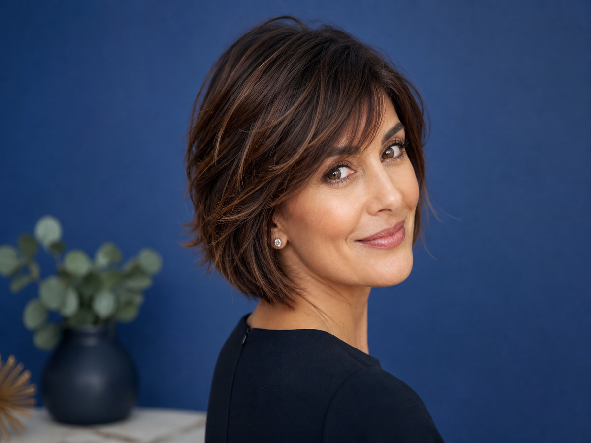 coupe courte effilée femme 2021 frange sur le coté fines mèches caramel Sela Ward