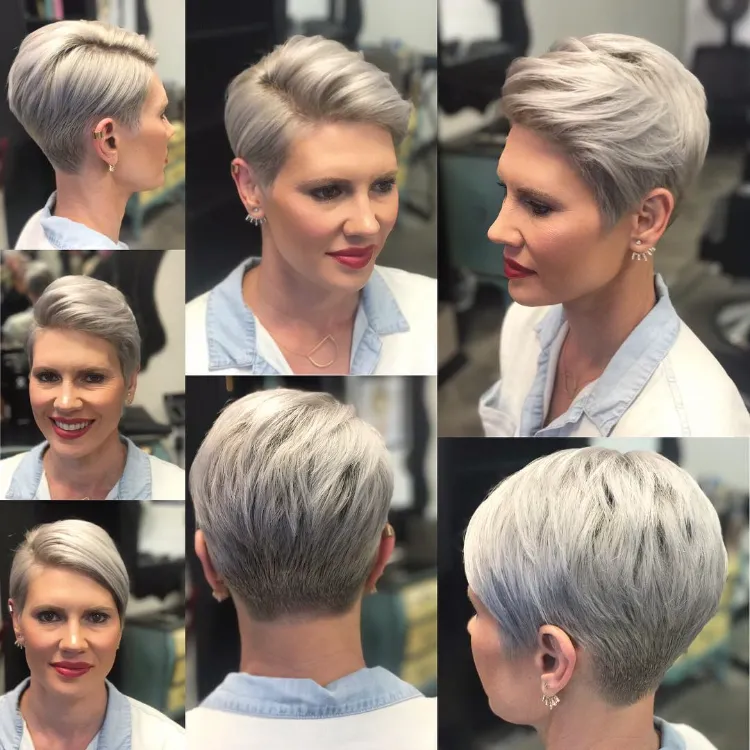 Short haircut shaved neck ash blonde woman 40 years pixie cut