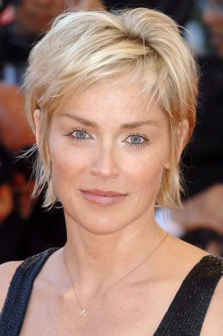 Short, tapered haircut with a side bang, Sharon Stone