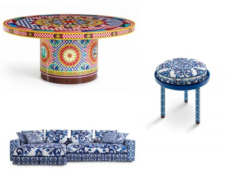 meubles signés Dolce&Gabbana couleurs folkoriques Sicile style méditerranéen bleu et blanc motif Blu Mediterraneo