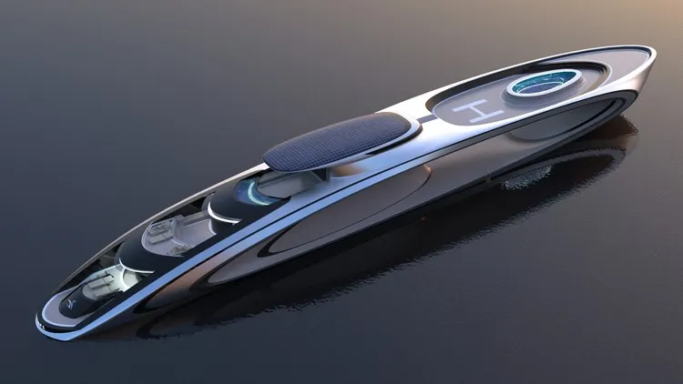 super yacht The Shape conception futuriste de l'avenir piscine à fond de verre espace de bronzage