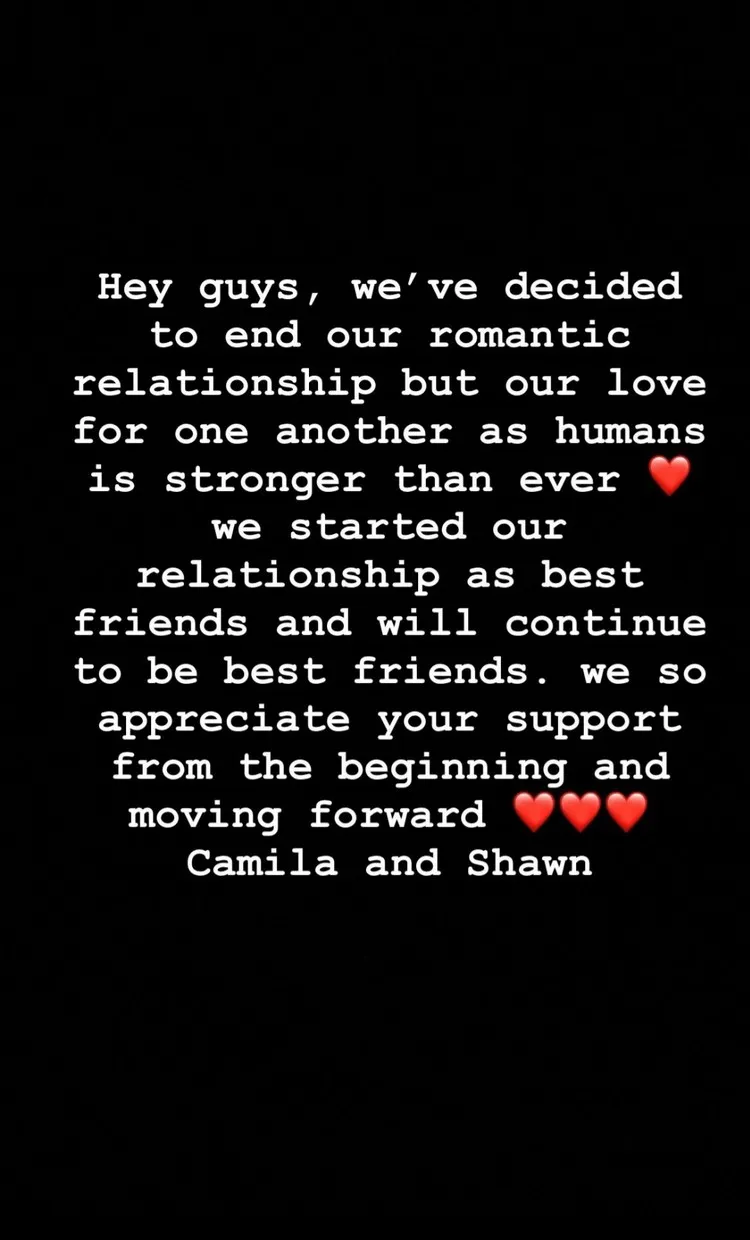 Shawn Mendes et Camila Cabello ont annoncé leur séparation via un story Instagram compte officiel