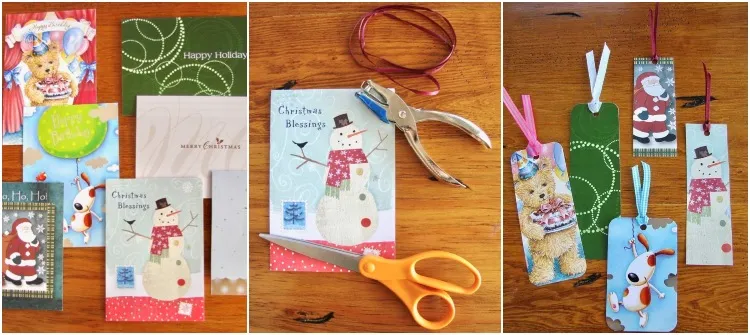 activités manuelles Noël enfants adultes recycler cartes de voeux année précédente marque-pages