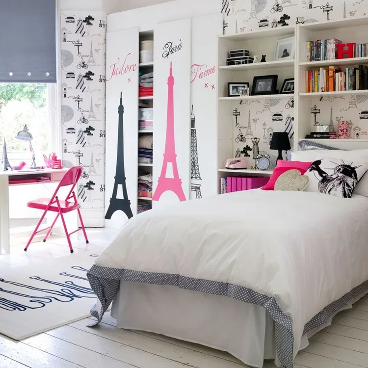 chambre enfant fille optimiser espace de rangement étagères derrière le lit alcove comment décorer chambre fille tendance