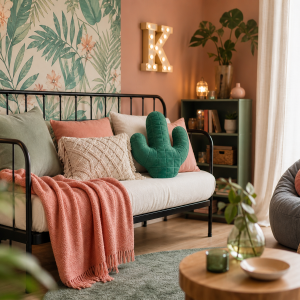 Chambre décorée en couleur saumon et vert d'eau, lit en métal noir, fauteuil gris, rideaux saumon et luminaire menthe