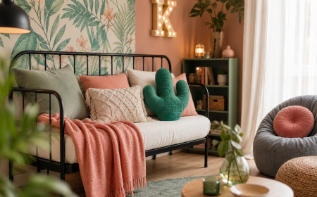 Chambre décorée en couleur saumon et vert d'eau, lit en métal noir, fauteuil gris, rideaux saumon et luminaire menthe