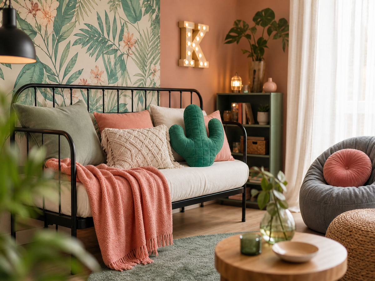 Chambre décorée en couleur saumon et vert d'eau, lit en métal noir, fauteuil gris, rideaux saumon et luminaire menthe