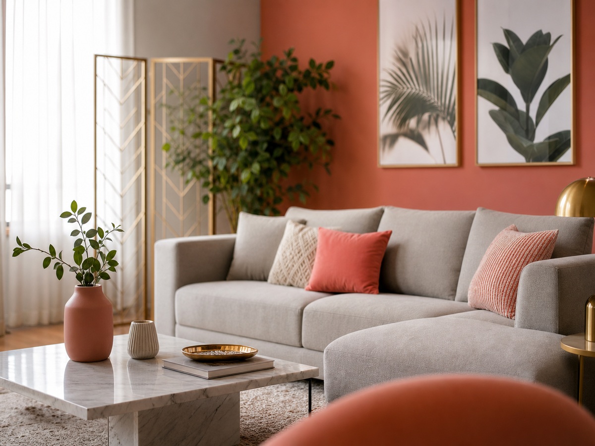 Salon contemporain avec canapé gris et mur saumon, coussins rose saumon et cloisonnière dorée