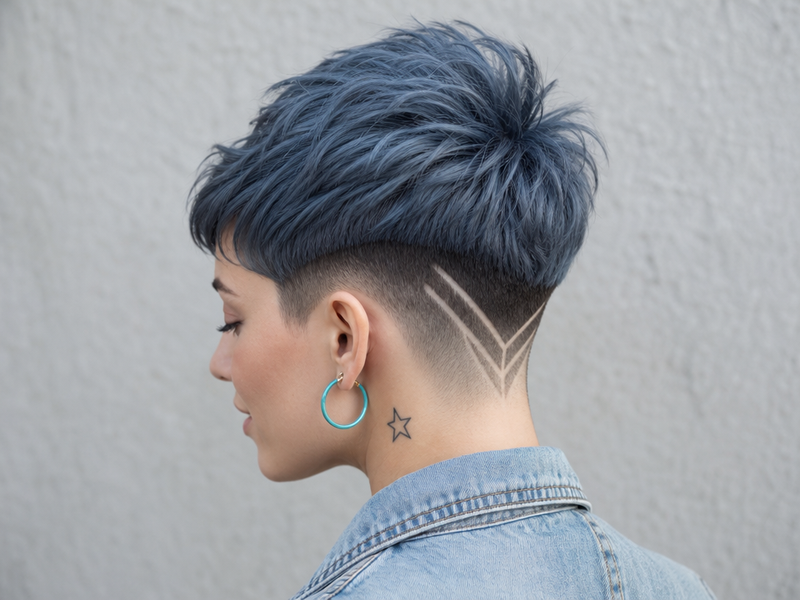 coupe de cheveux femme rasé derrière au niveau de la nuque tatouage capillaire éphémère motifs géométriques coiffures tendance hiver 2021