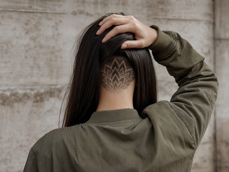 coupe de cheveux rasé derriere femme tatouage capillaire éphémère dissimulé cheveux longs coiffure tendance hiver 2021