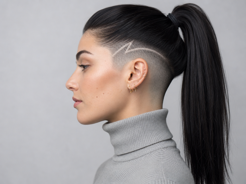 coiffure cheveux rasés femme sur les côtés queue de cheval classique tatouage capillaire éphémère coupe courte tendance hiver 2021