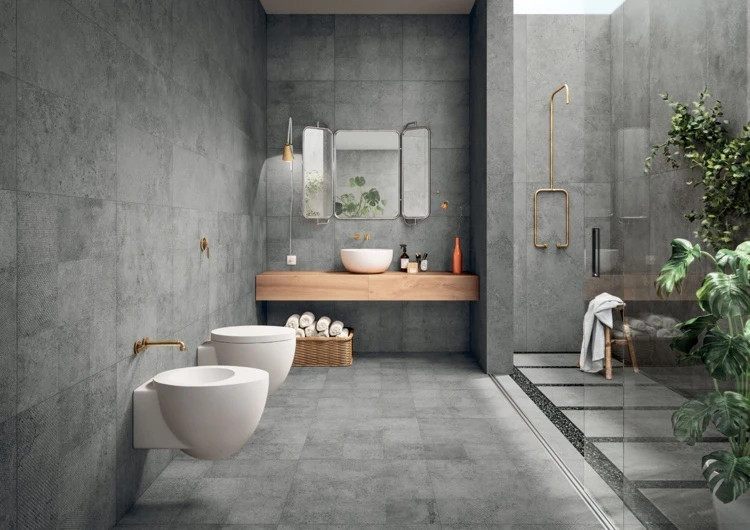 déco salle de bains naturelle plan vasque en bois douche italienne plantes vertes en pots et déco en galets gris