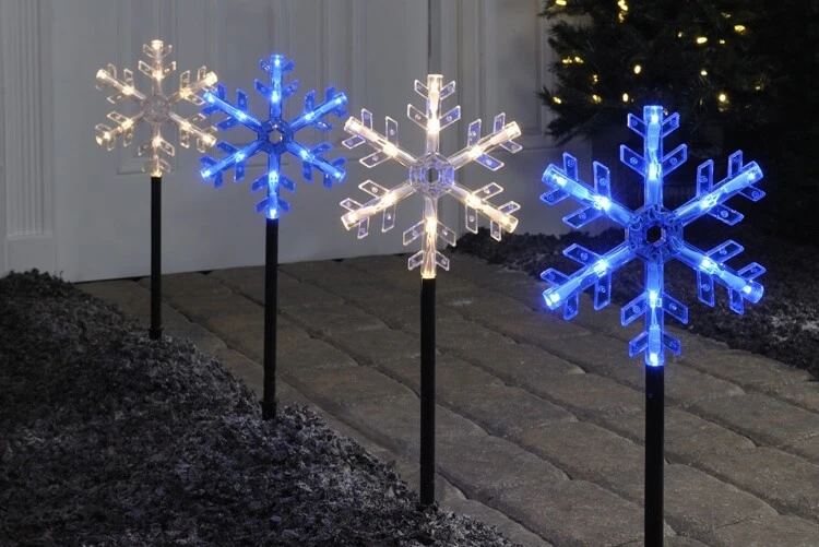 décoration de Noel extérieure solaire balises de jardin flocons de neige en blanc et bleu