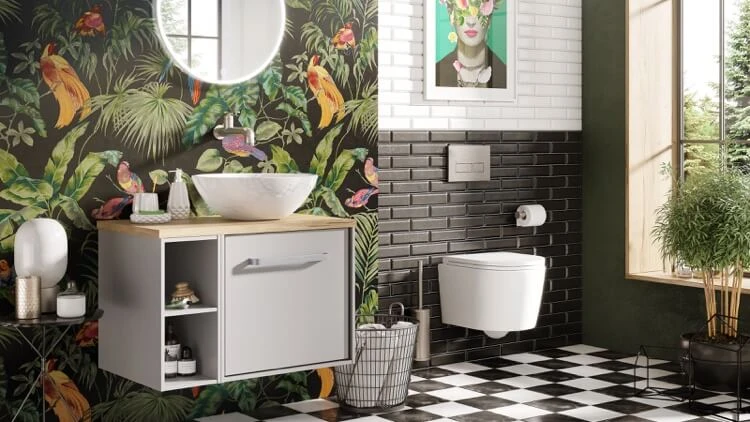 décoration murale moderne salle de bains carrelage métro noir et blanc et papier peint tropical