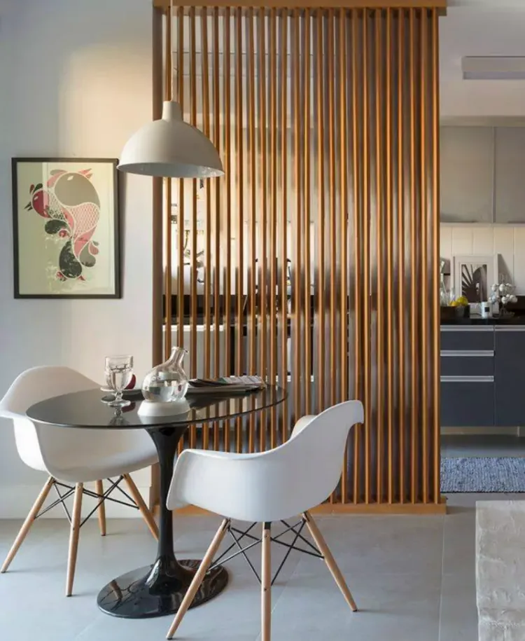 Eames armchairs wooden interior screen ideas partition wall kitchen dining room removable partition
