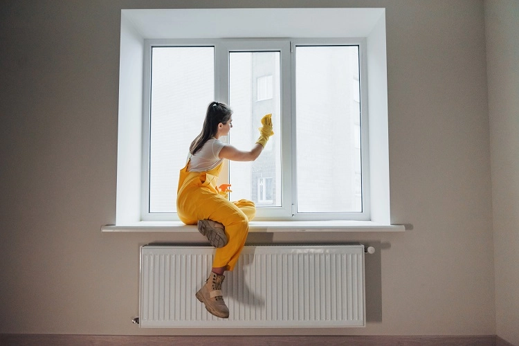 Femme nettoie les vitres de sa maison