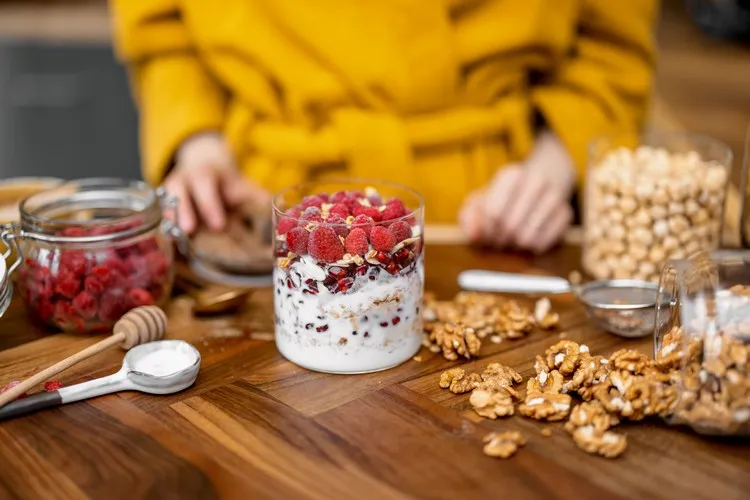 healthy balanced breakfast idea greek yogurt homemade muesli wholesome frozen berries