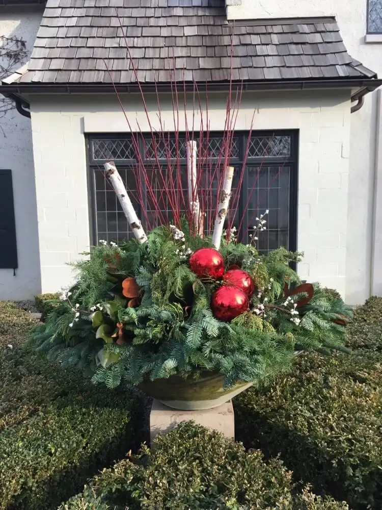 idée de composition jardinière de Noel avec des branches de sapin cornouiller rouge branches de bouleau et boules de Noel rouges