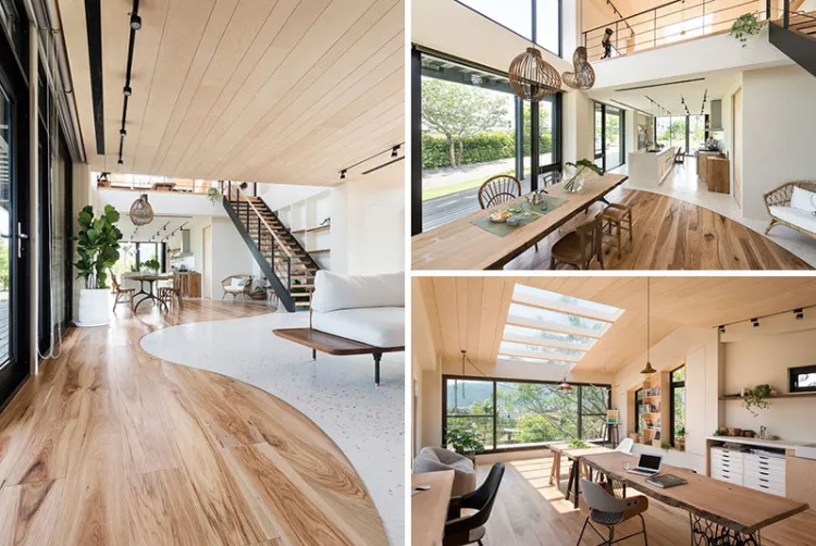 intérieur en bois clair naturel sol plafond meubles maison architrecte aire ouverte