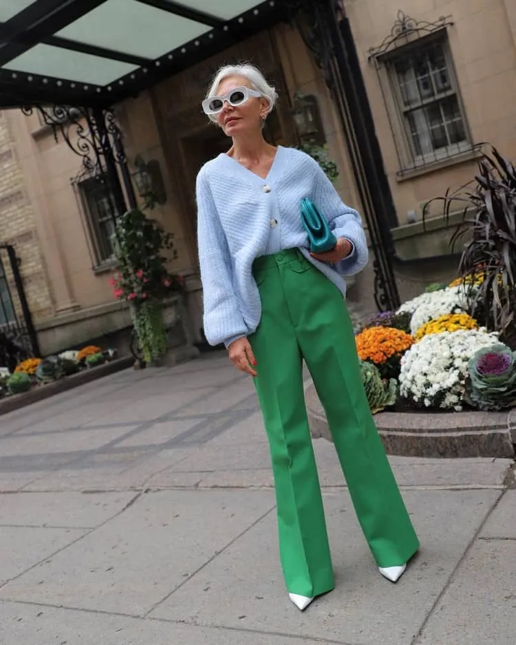 autumn winter fashion 2022 woman 50 years greece ghanem style wide pants trend color 2021 green