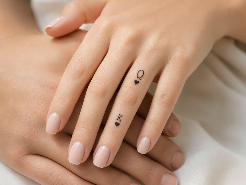 tatouage couple petit sur les doigts reine et roi coeurs minuscules