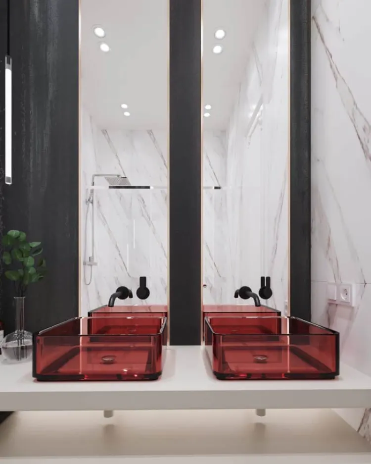 salle de bain tendance 2022 deux évier verre transparent teinté rouge idée classe