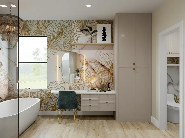 salle de bain tendance 2022 idées décoration murale beige baignoire panorama