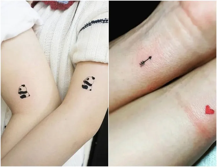tatouage pour un couple idées originales poignet et avant-bras idee tattoo couple panda coeur et flèche