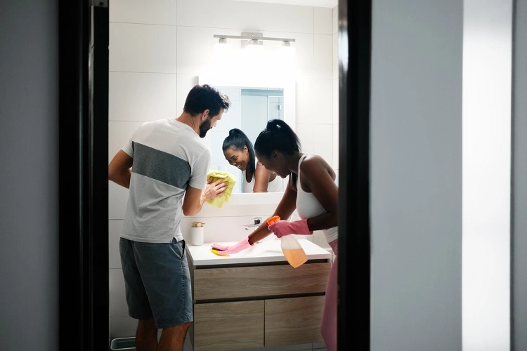 Un couple lave le miroir dans la salle de bains