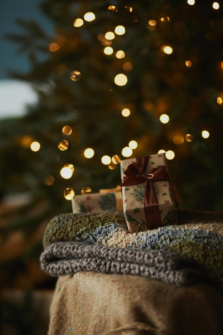 Couvertures et cadeaux de Noël devant le sapin