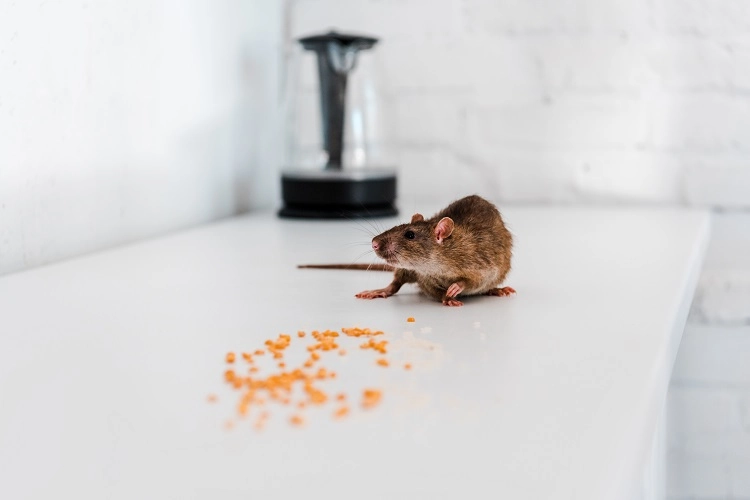 Petit rat mange des miettes sur le plan de travail dans la cuisine