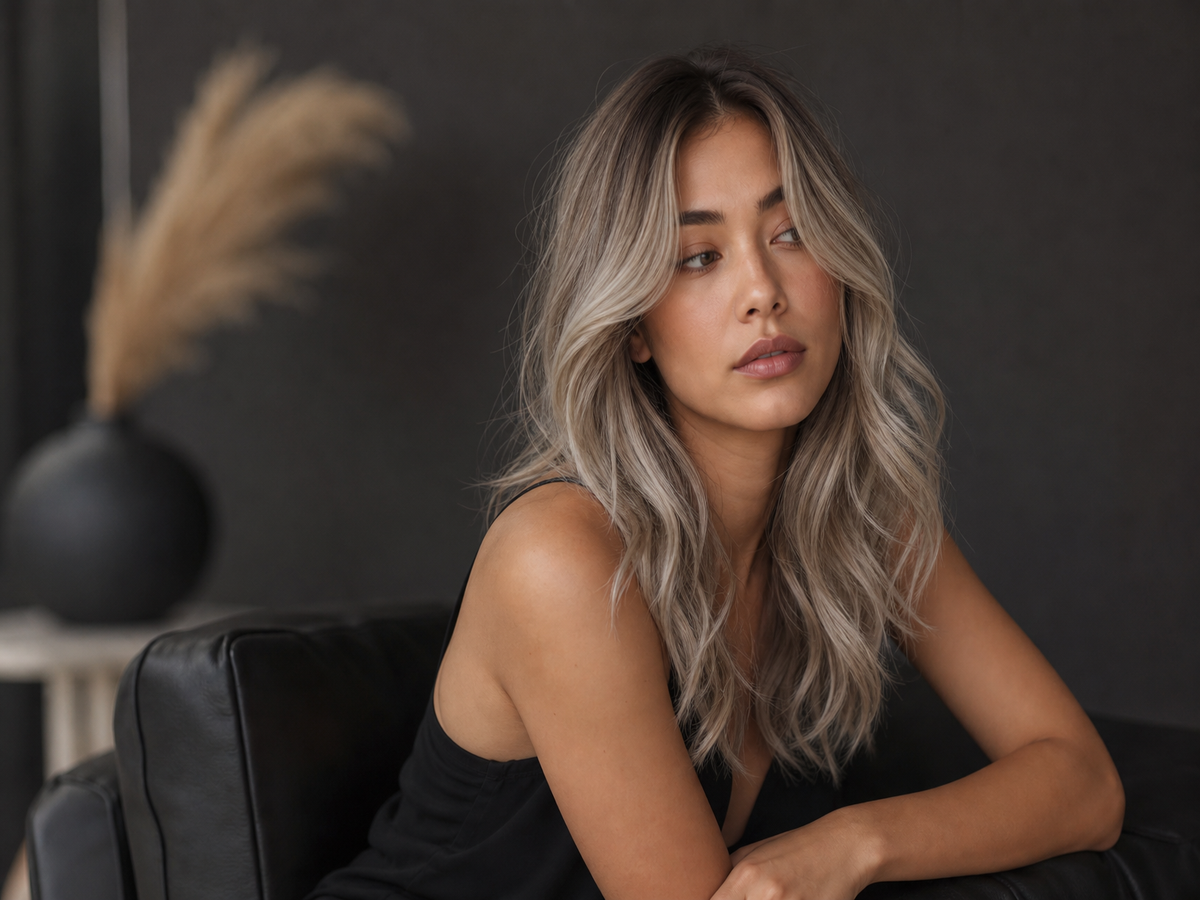 Femme aux longs cheveux blond cendré ondulés, look naturel et moderne sur chatain clair
