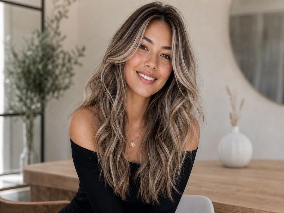 balayage blond cendré sur cheveux chatain foncé look moderne ondulations
