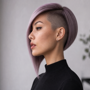 Carré plongeant asymétrique rasé avec frange latérale, cheveux lilas