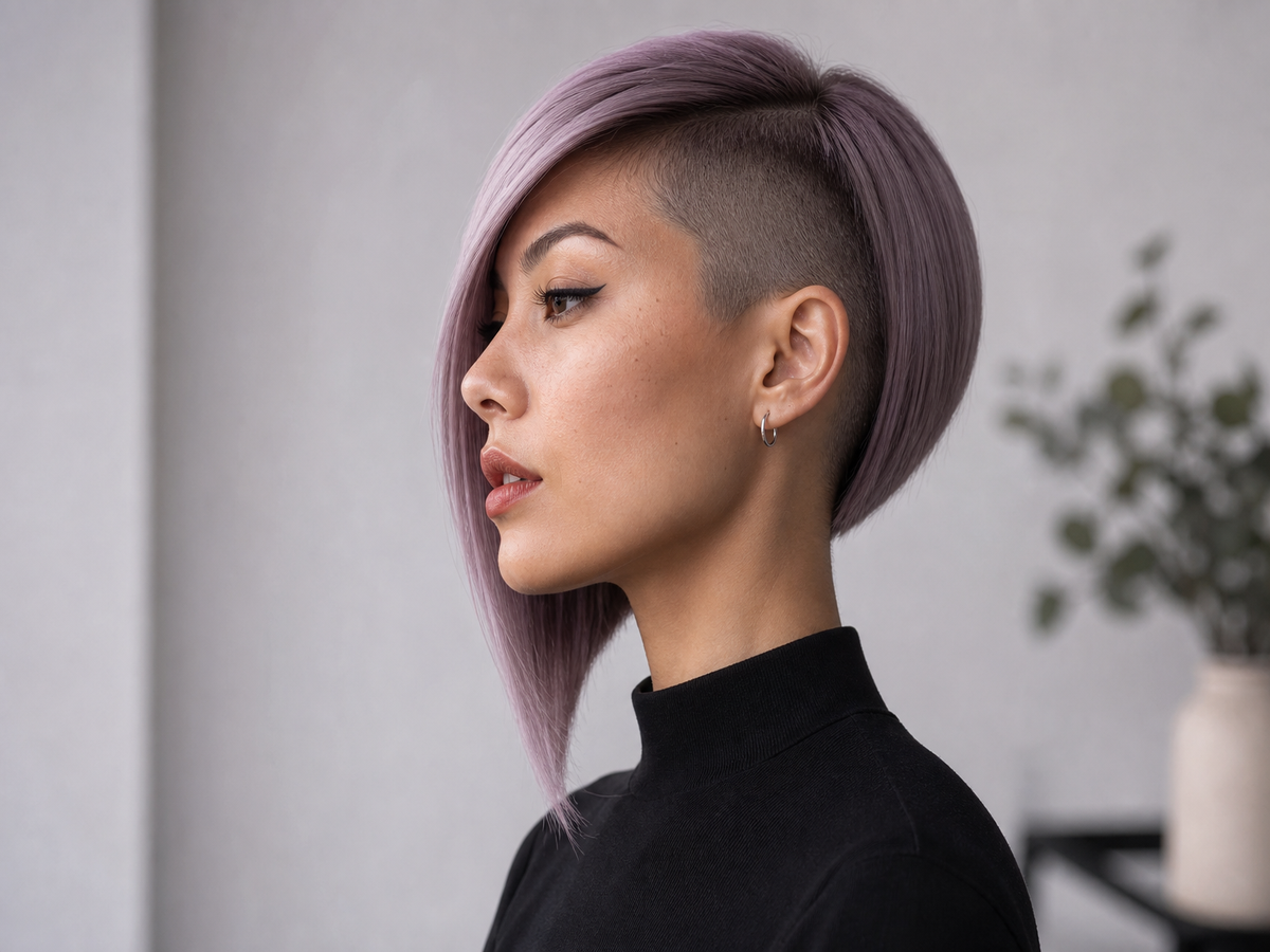 Carré plongeant asymétrique rasé avec frange latérale, cheveux lilas