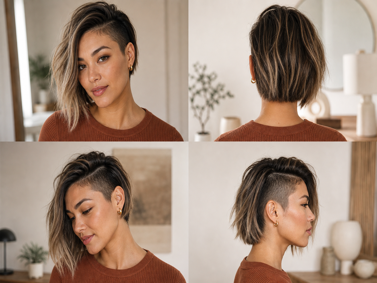 carré plongeant asymétrique rasé sidecut cheveux blonds wavy