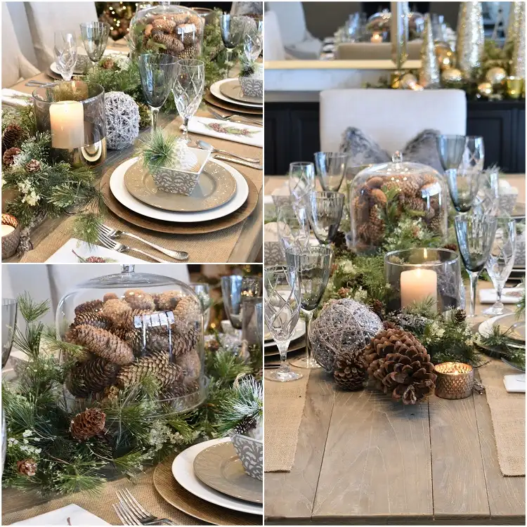 décoration table de noel pommes de pin sous cloche en verre bougies chemin de table festif