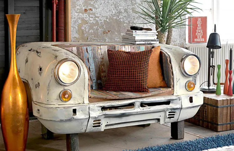 design intérieur upcycling objets recup canapé voiture ancienne rétro chic