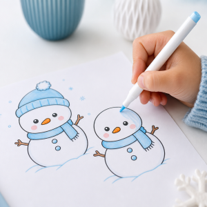 Enfant coloriant un dessin de bonhomme de neige kawaii au marqueur sur une feuille blanche