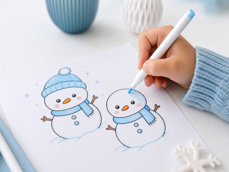 Enfant coloriant un dessin de bonhomme de neige kawaii au marqueur sur une feuille blanche