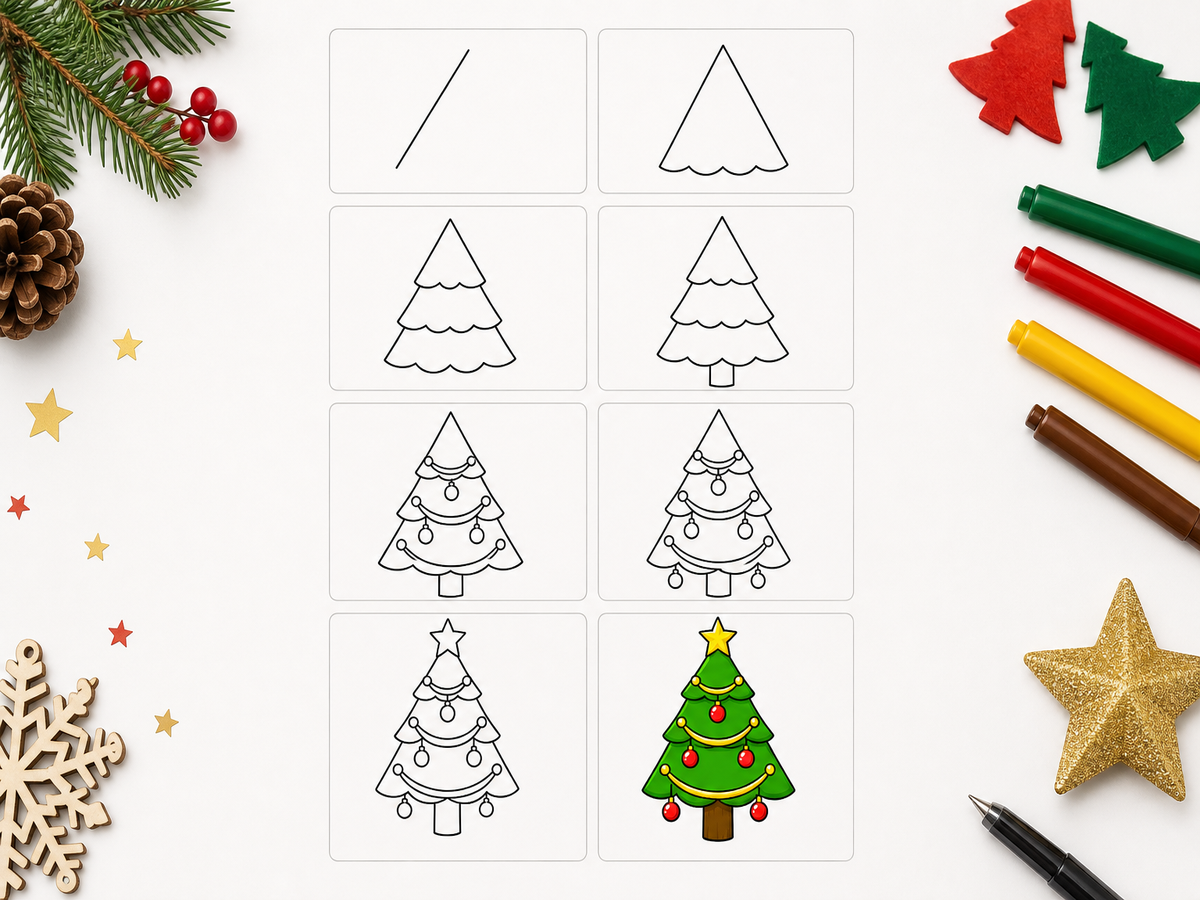 Tutoriel dessin sapin de Noël en 9 étapes progressives avec sapin colorié vert et rouge final