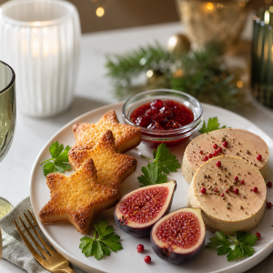 Entrée de Noël : assiette de foie gras avec toasts étoilés, figues fraîches et confiture