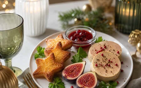 Entrée de Noël : assiette de foie gras avec toasts étoilés, figues fraîches et confiture