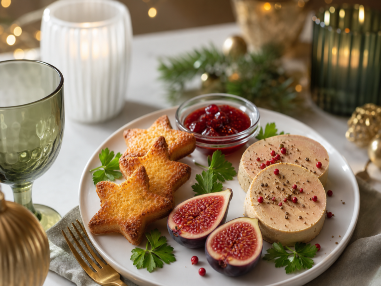 Entrée de Noël : assiette de foie gras avec toasts étoilés, figues fraîches et confiture