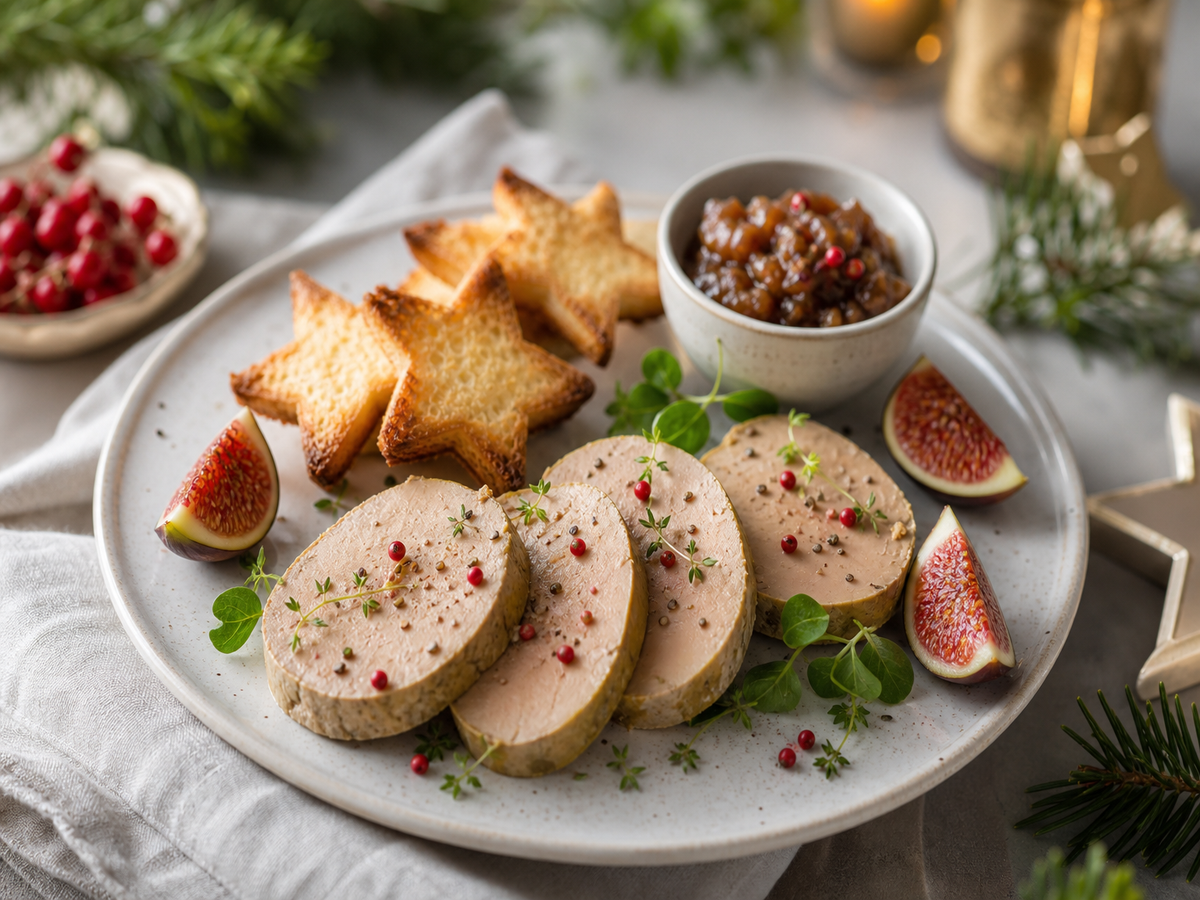 Plateau de foie gras en entrée festive avec brioche, figues et chutney pour Noël